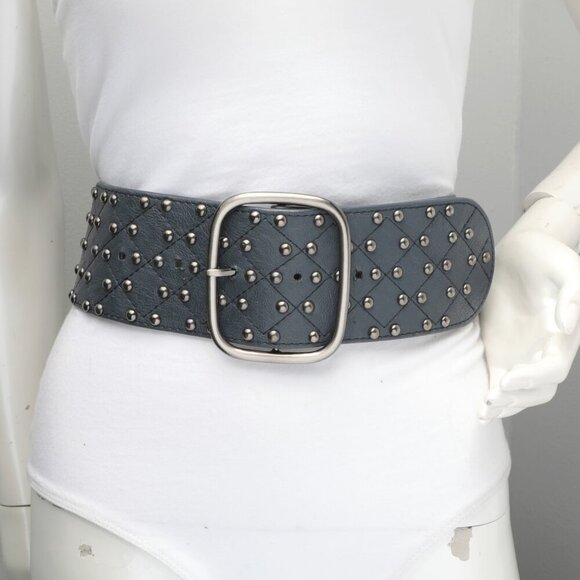 Wide Faux Leather Studded Belt Navy Steel Blue Silver Club Retro Vegan Hip - Picture 4 of 12
